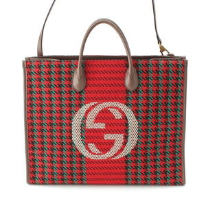 Gucci Wool Leather Interlocking GG Houndstooth Shoulder Tote Bag Red Brown